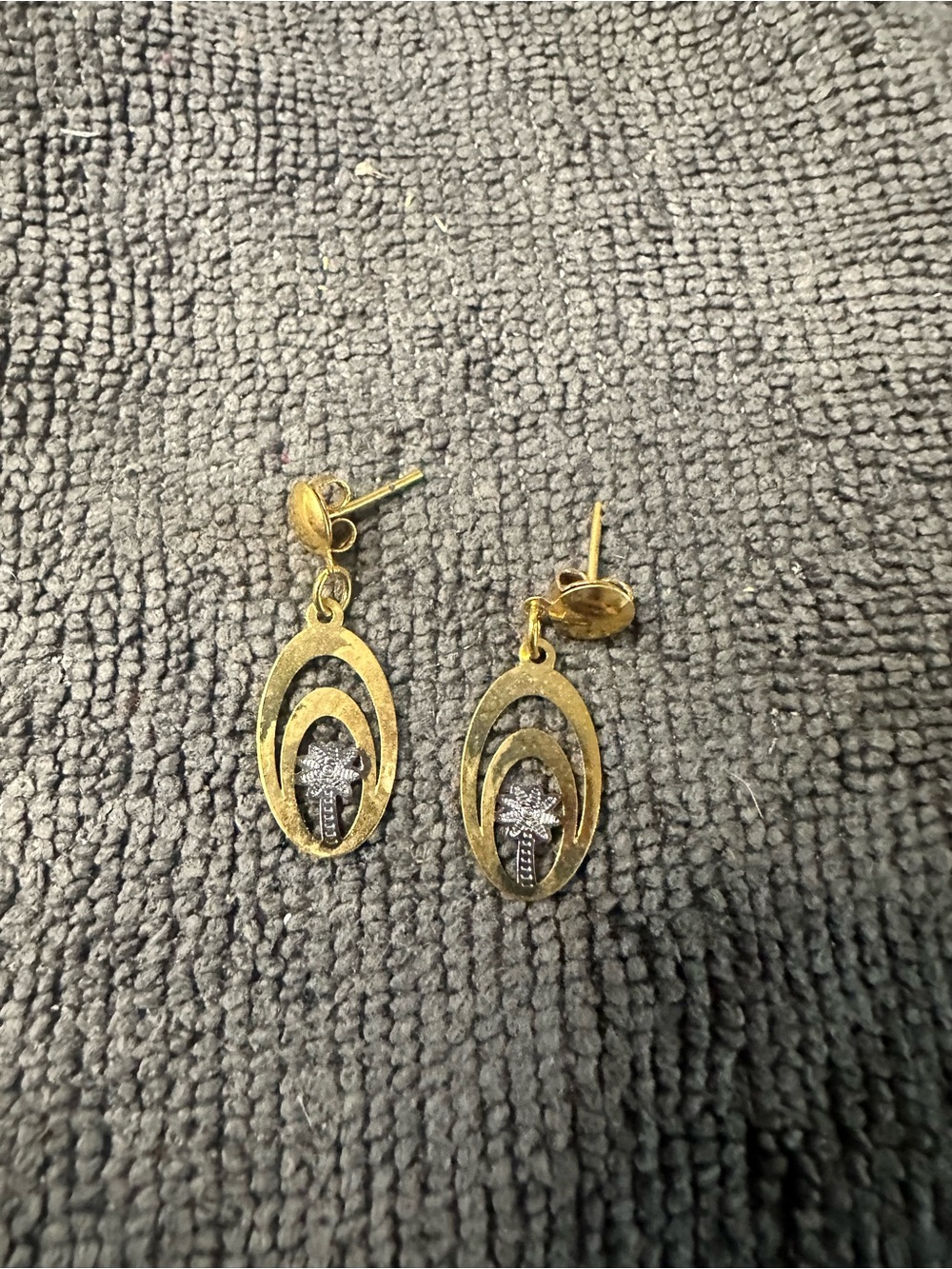 Gold Oval Drop Earrings with Silver Palm Tree Charm